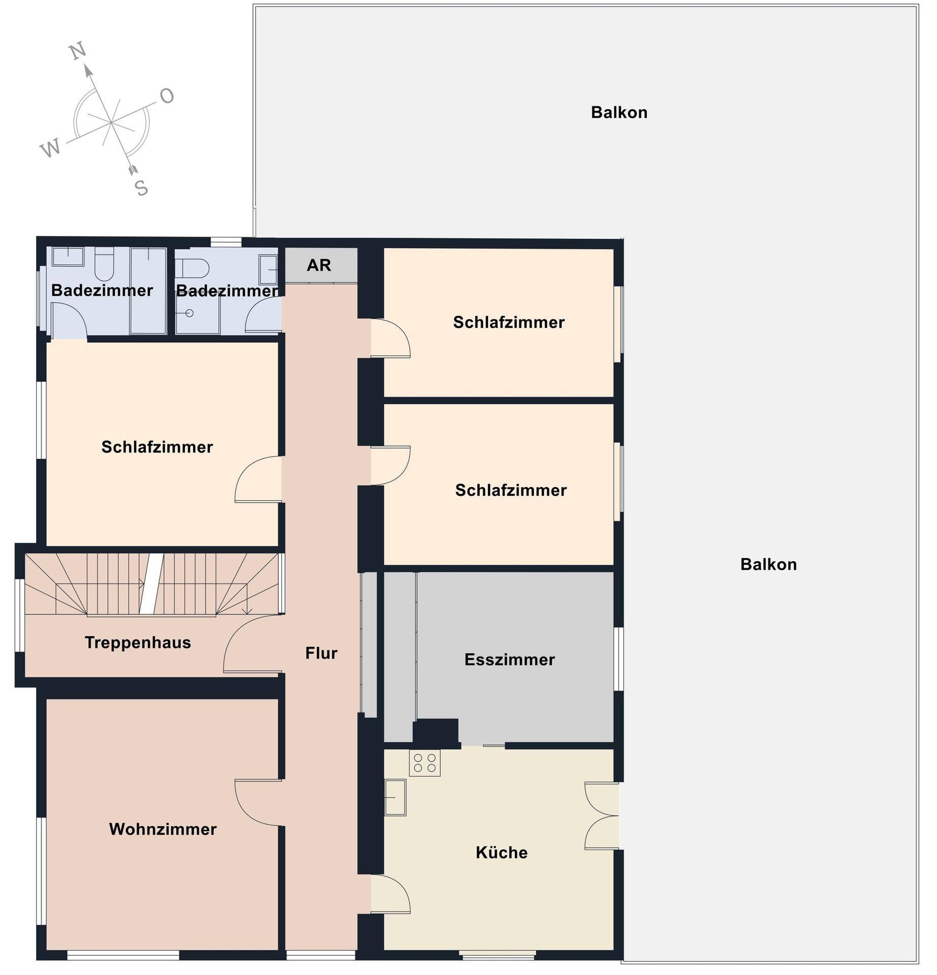 Grundriss des zweiten Obergeschosses mit Wohnzimmer, Küche, Schlafzimmern und Balkonen.