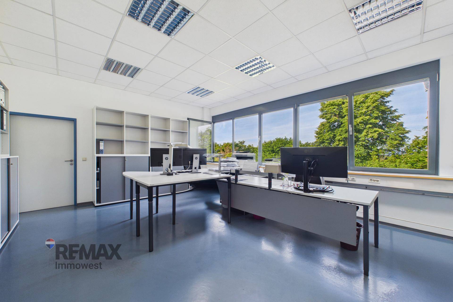 Geräumiges Büro mit mehreren Arbeitsplätzen, Regalen und großen Fenstern mit Ausblick.
