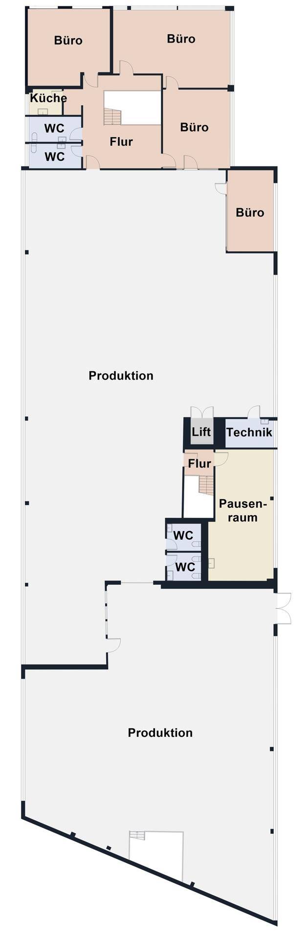 Grundriss des Obergeschosses mit Produktionsflächen, Büros, Pausenraum und Sanitäranlagen.