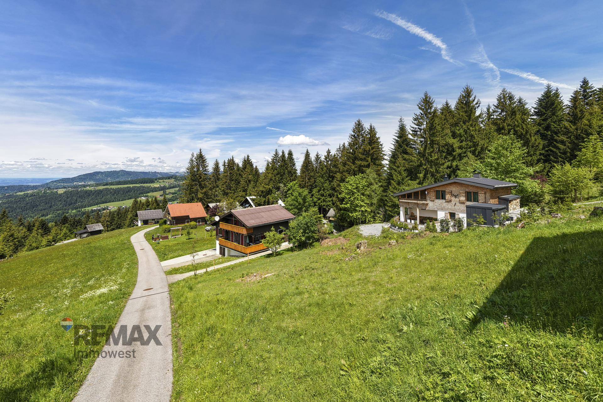 Serpentinenstraße schlängelt sich durch eine grüne Hügellandschaft mit Häusern und dichtem Wald.