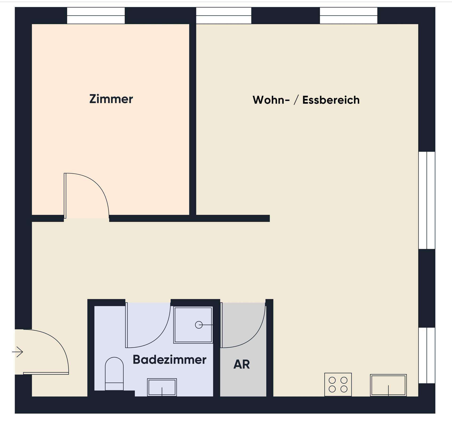 Grundriss einer Wohnung mit Zimmer, Wohn-/Essbereich, Badezimmer und Abstellraum.
