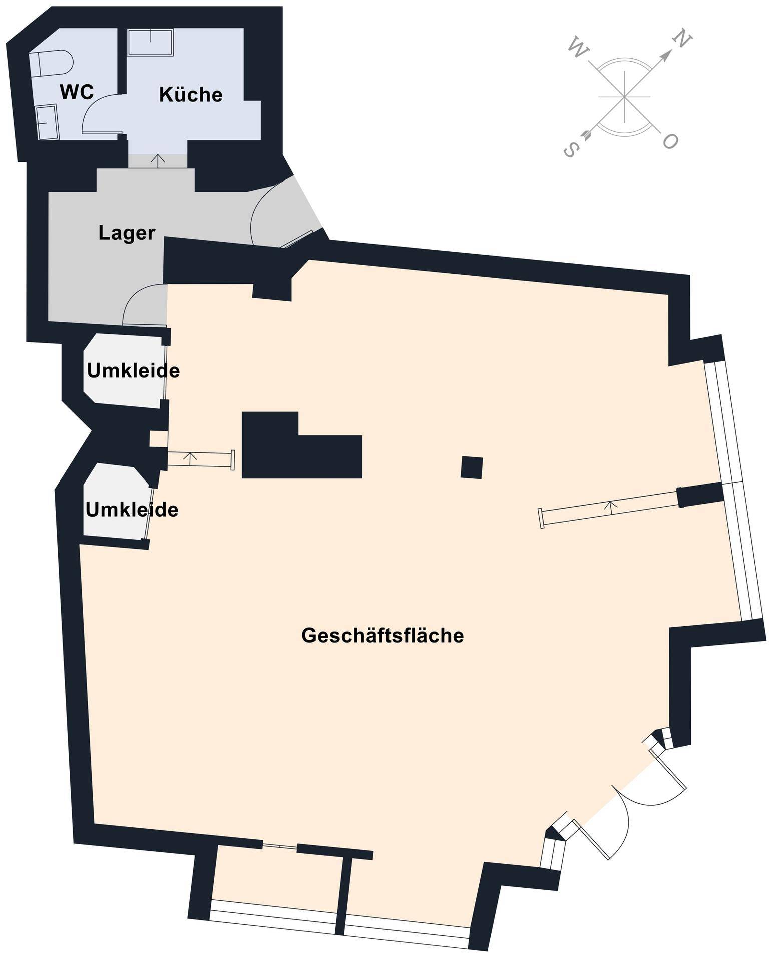 Grundriss des Erdgeschosses mit Geschäftsfläche, Umkleiden, Lager und WC-Bereich.