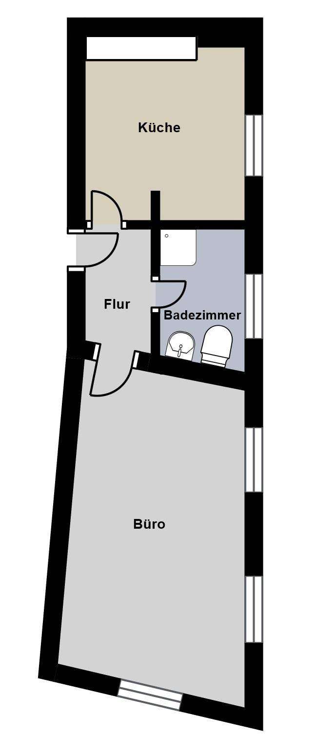 Grundriss einer oberen Etage mit Büro, Küche, Flur und Badezimmer.