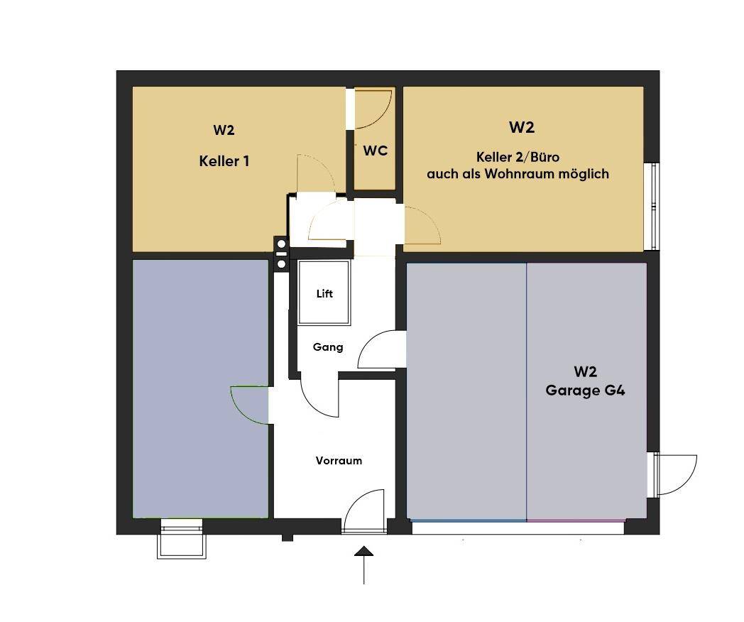 Grundriss des Kellergeschosses mit Kellerräumen, Büro, WC, Lift und Garage.