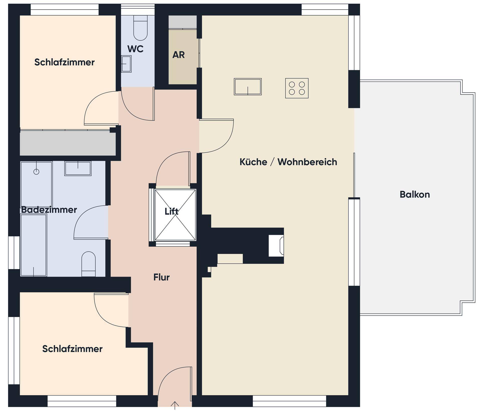 Grundriss des Obergeschosses mit Schlafzimmern, Bad, WC, offenem Wohnbereich und Balkon.