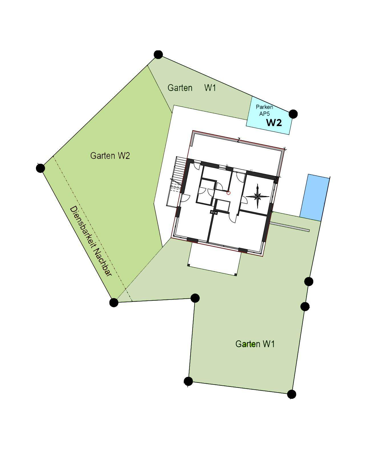 Übersichtsplan des Grundstücks mit Haus, Gartenbereichen und Parkplatz.