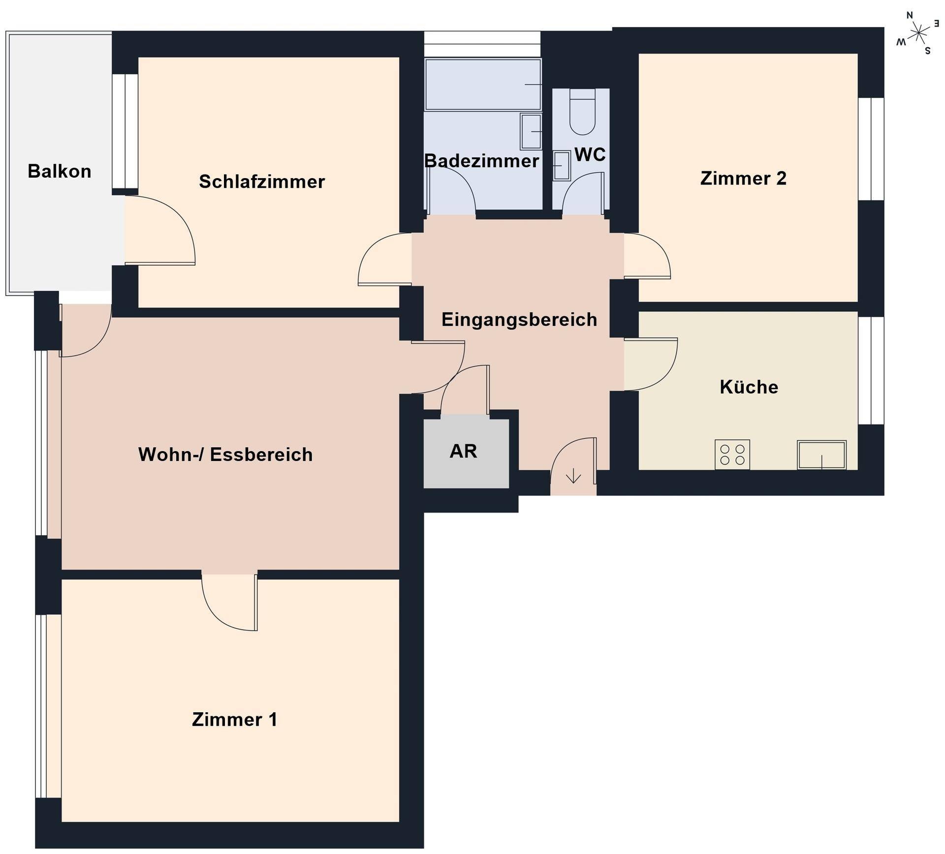 Detaillierter Grundriss der Wohnung mit Balkon, zwei Schlafzimmern und offenem Wohnbereich.