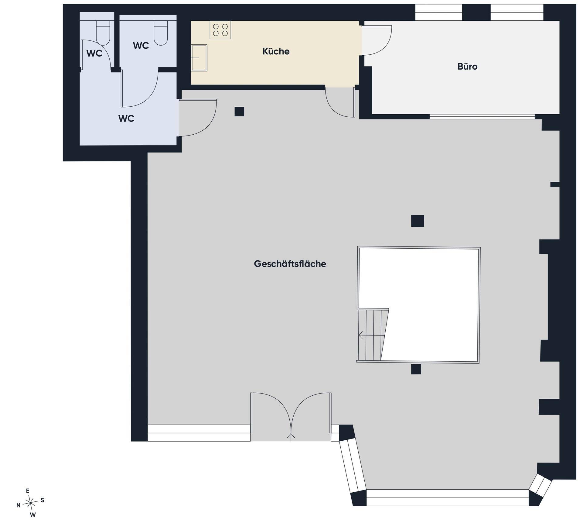 Grundriss der Geschäftsfläche mit Küche, Büro und drei Toiletten im Erdgeschoss.