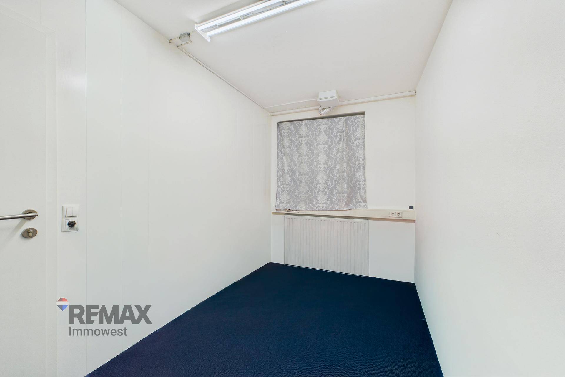 Kleiner, heller Raum mit weiß gestrichenen Wänden, blauem Teppichboden und einem Fenster.