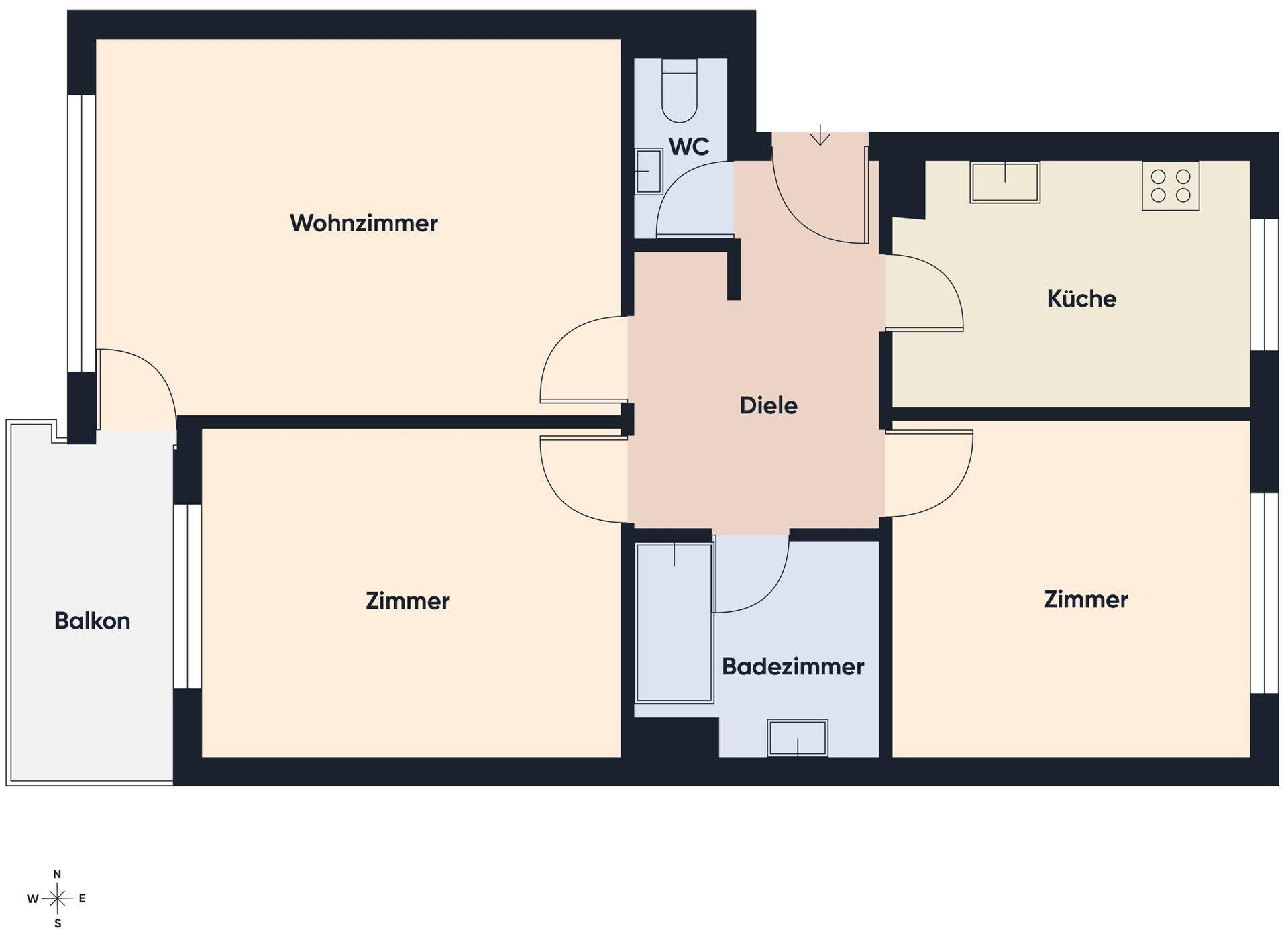Grundriss der Wohnung mit Wohnzimmer, Küche, zwei Zimmern, Bad, WC und Balkon.