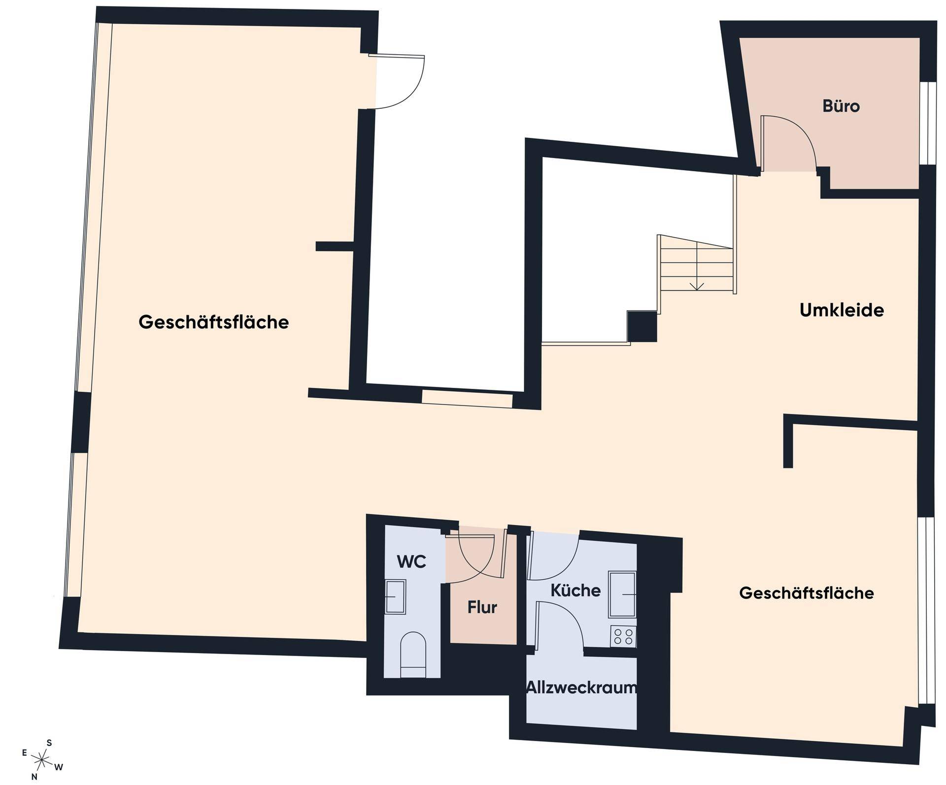 Grundriss des Erdgeschosses mit Geschäftsfläche, Büro, Umkleide, WC und Küche.