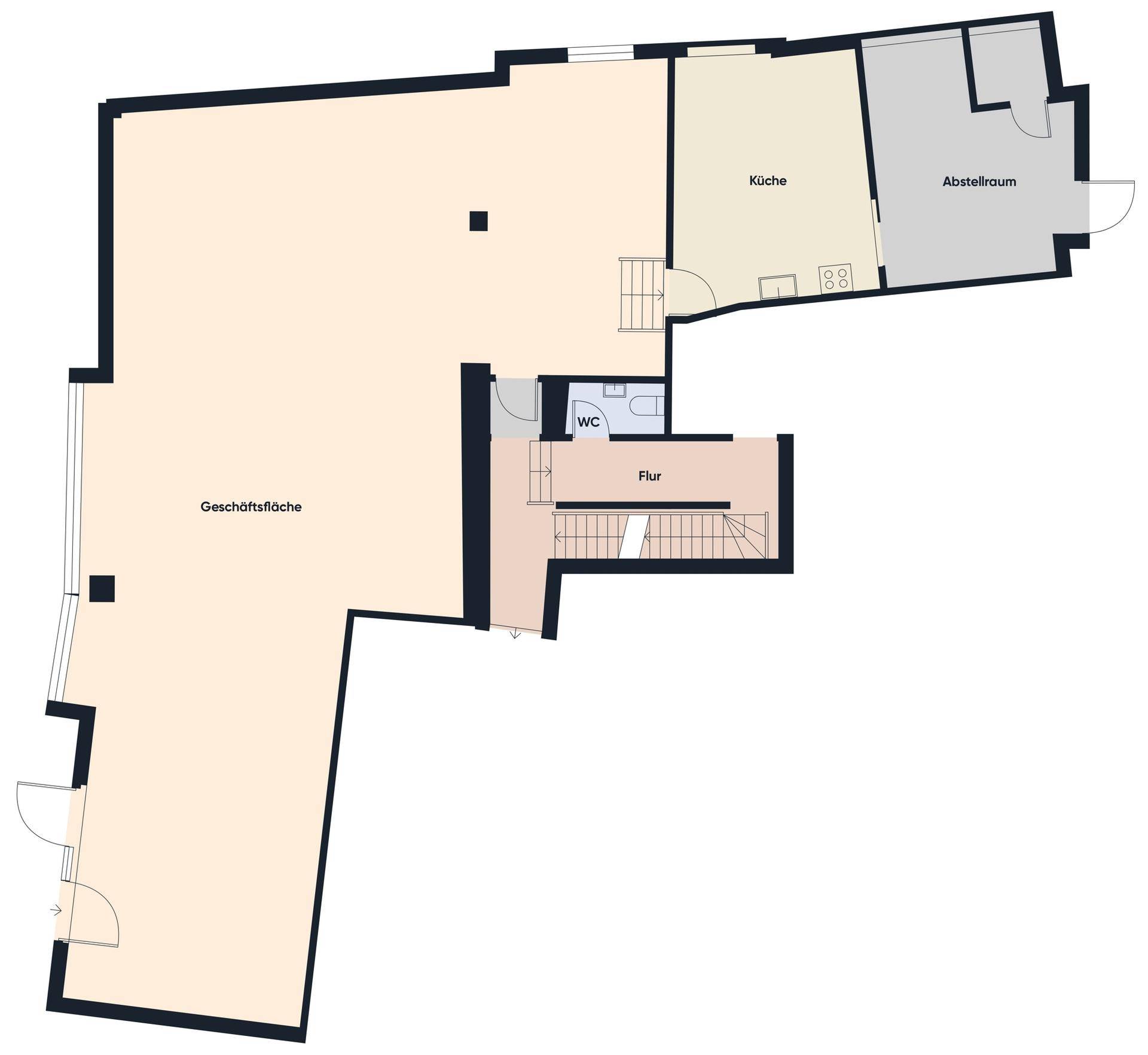 Grundriss der Geschäftsfläche mit Küche, Abstellraum, WC und Flur, übersichtlich dargestellt.