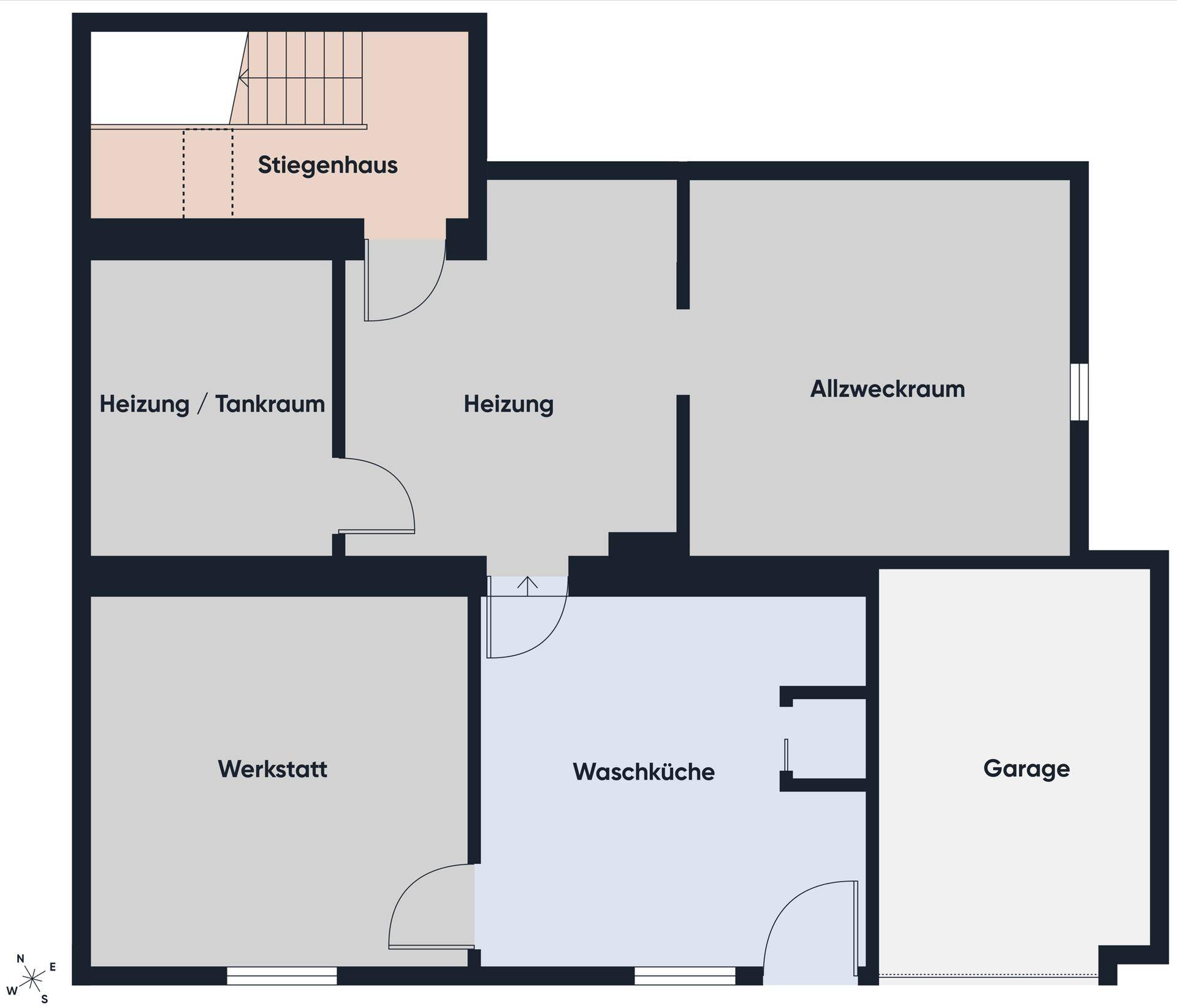 Grundriss des Untergeschosses mit Heizungsraum, Waschküche, Werkstatt und Garage.
