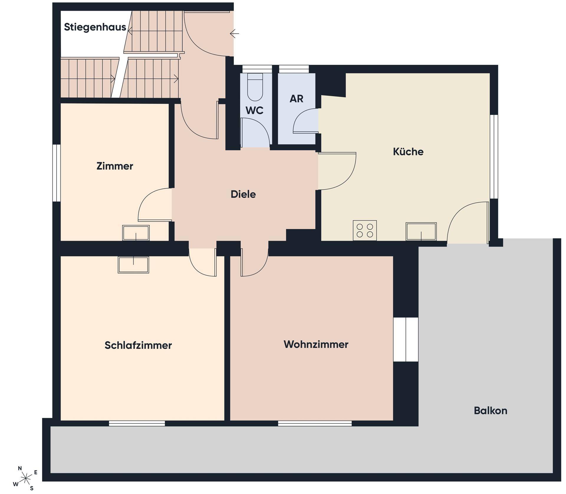 Grundriss des Erdgeschosses mit Wohnzimmer, Schlafzimmer, Küche, WC und Balkon.