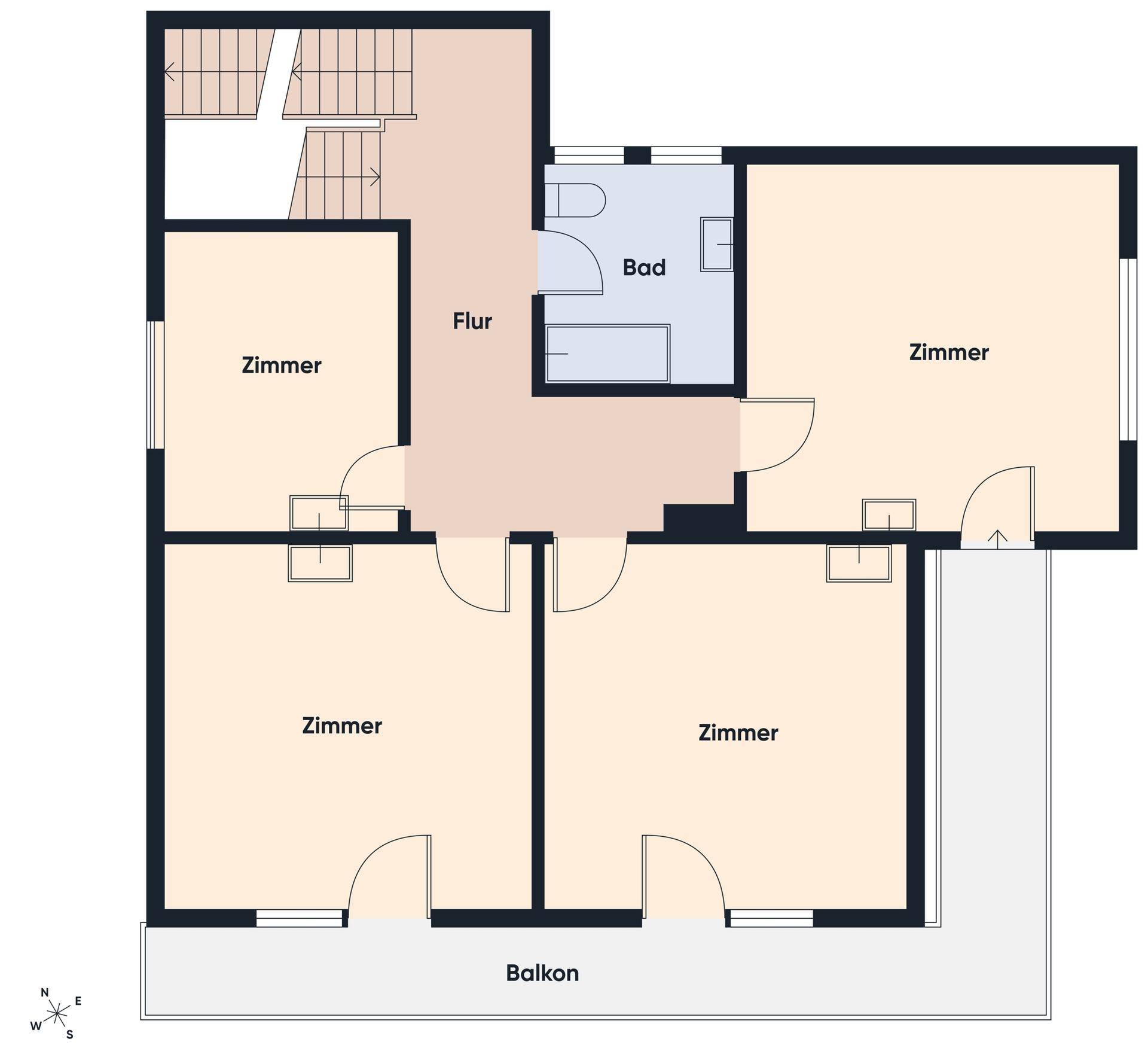 Grundriss des Obergeschosses mit mehreren Zimmern, Badezimmer und Balkon.