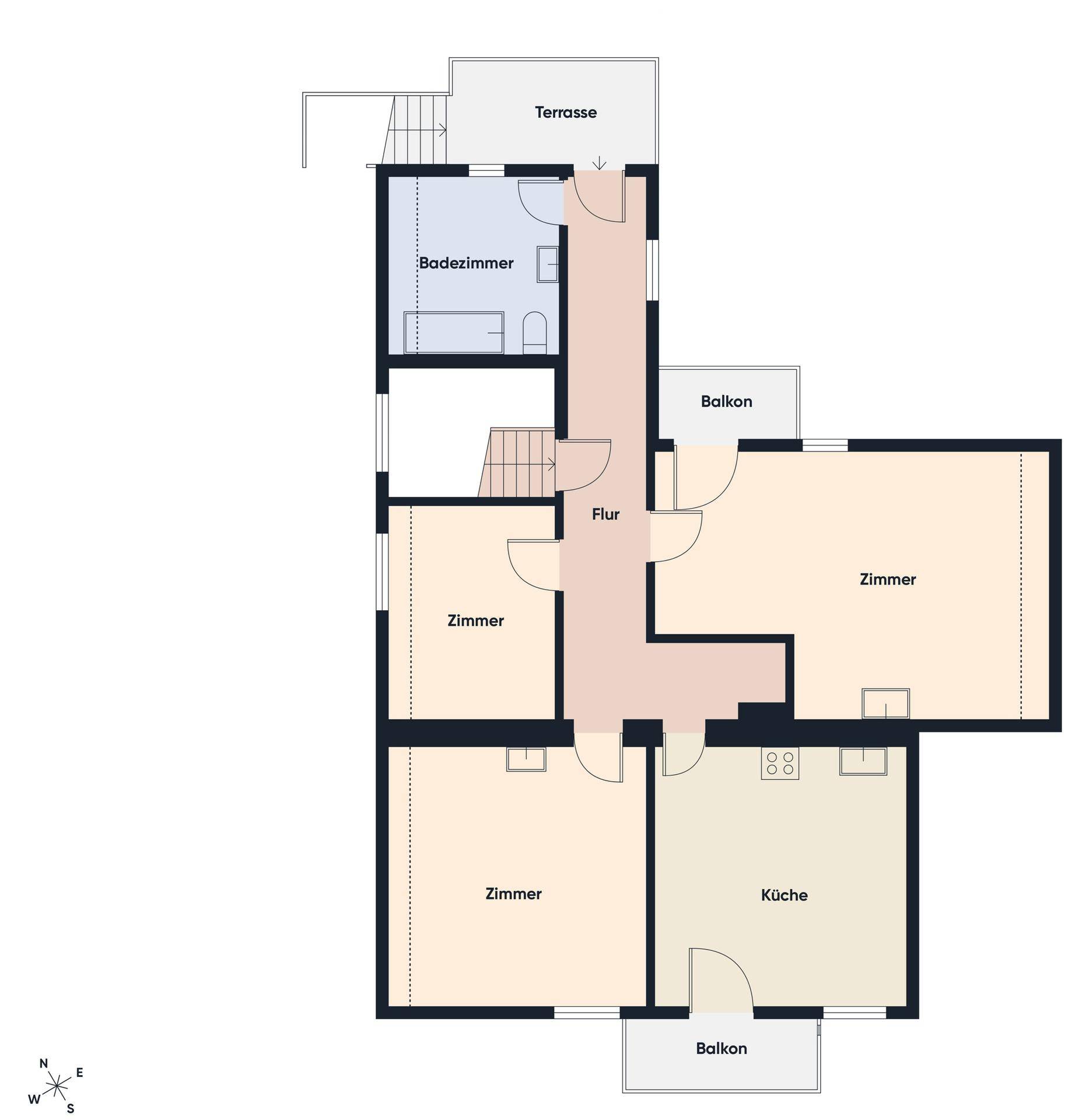 Grundriss mit Zimmern, Küche, Badezimmer, Balkon und einer Terrasse.