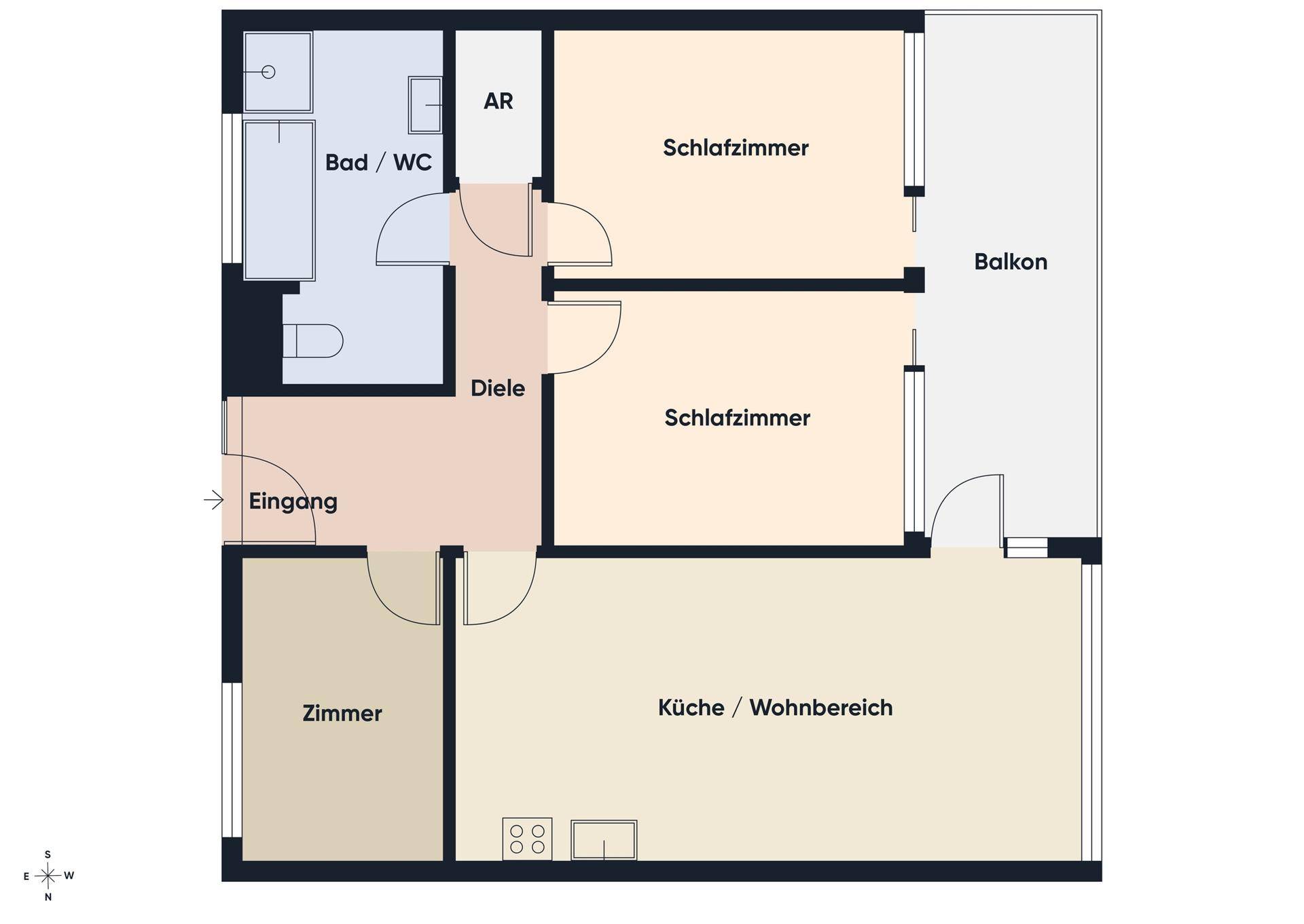 Grundriss einer Wohnung mit zwei Schlafzimmern, Bad und offenem Wohn-Essbereich mit Balkon.