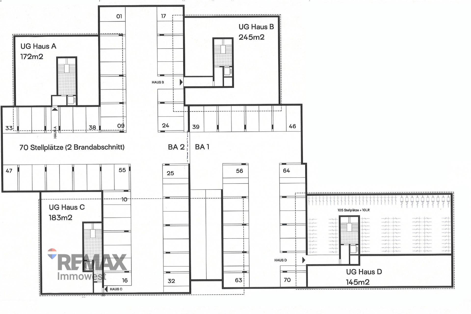 Grundriss der Tiefgarage mit zahlreichen Stellplätzen für die Häuser A, B, C und D.