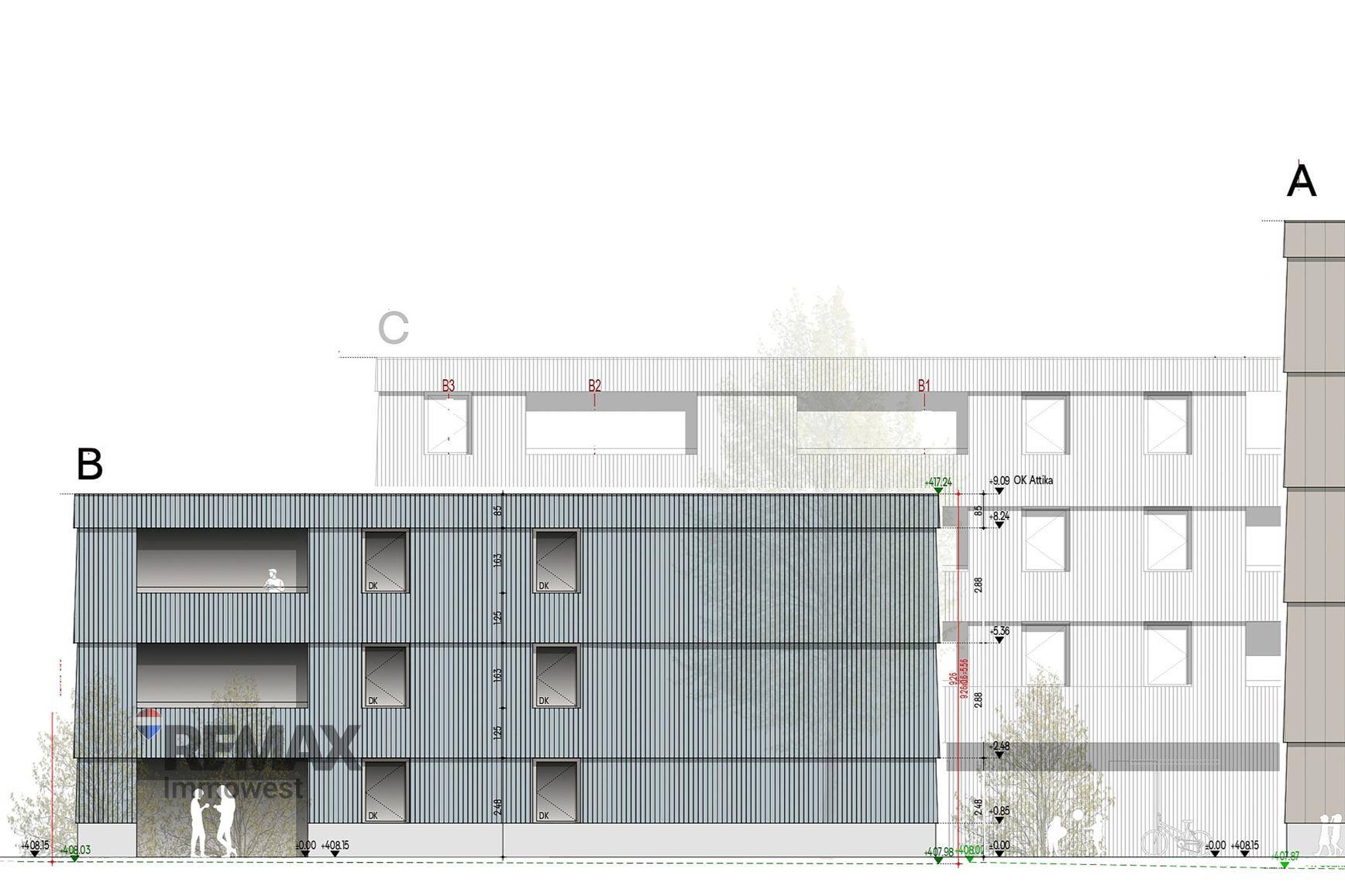 Fassadenansicht eines modernen Gebäudes mit vertikalen Lamellen und Fensteröffnungen.