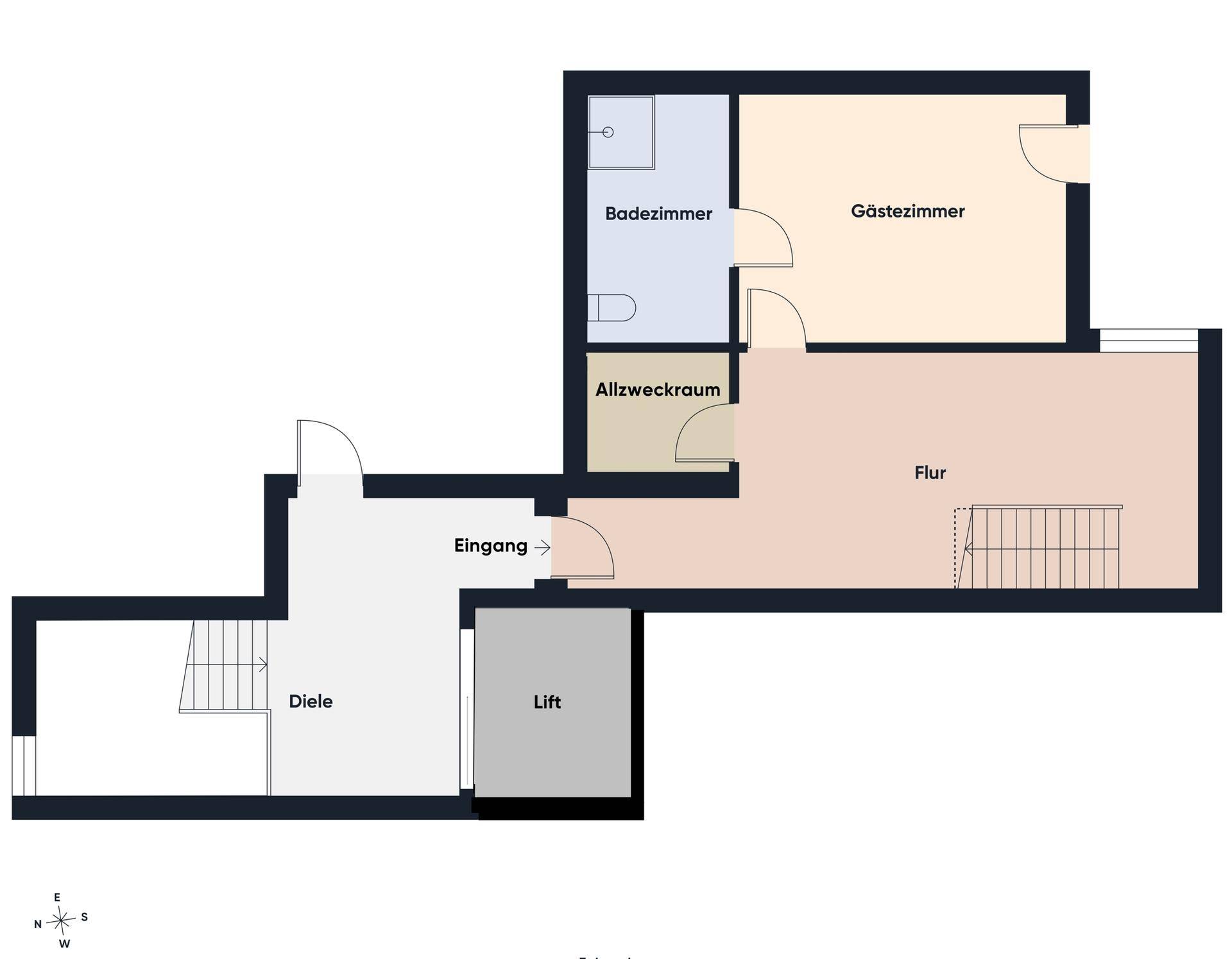 Grundriss des Erdgeschosses mit Eingangsbereich, Bad, Gästezimmer und Lift.