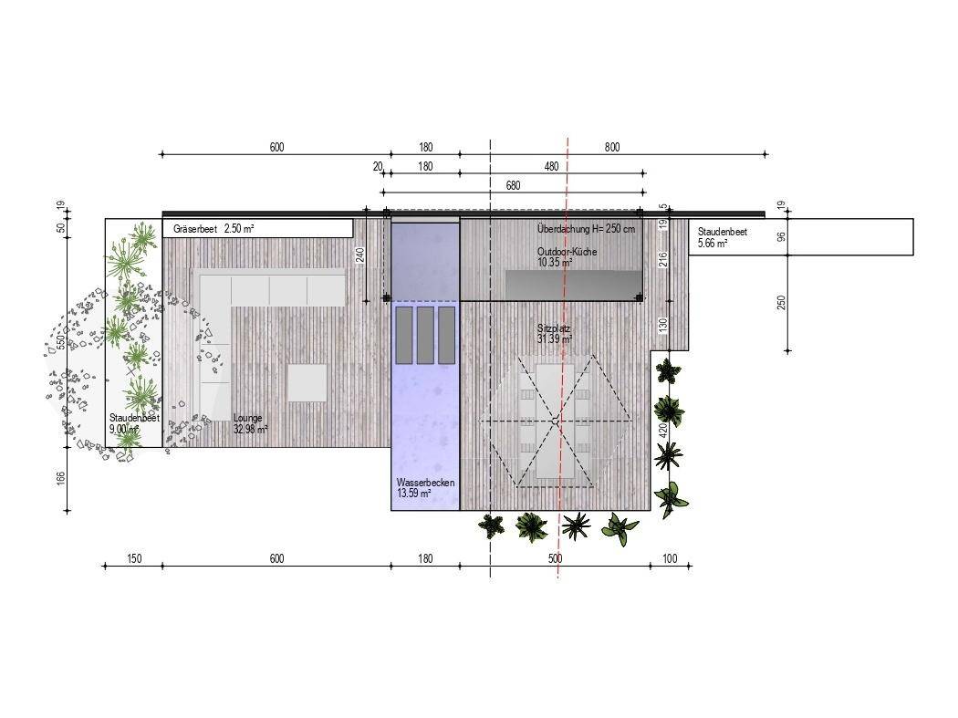 Detaillierter Grundriss des Außenbereichs mit Lounge, Wasserbecken und überdachter Outdoor-Küche.