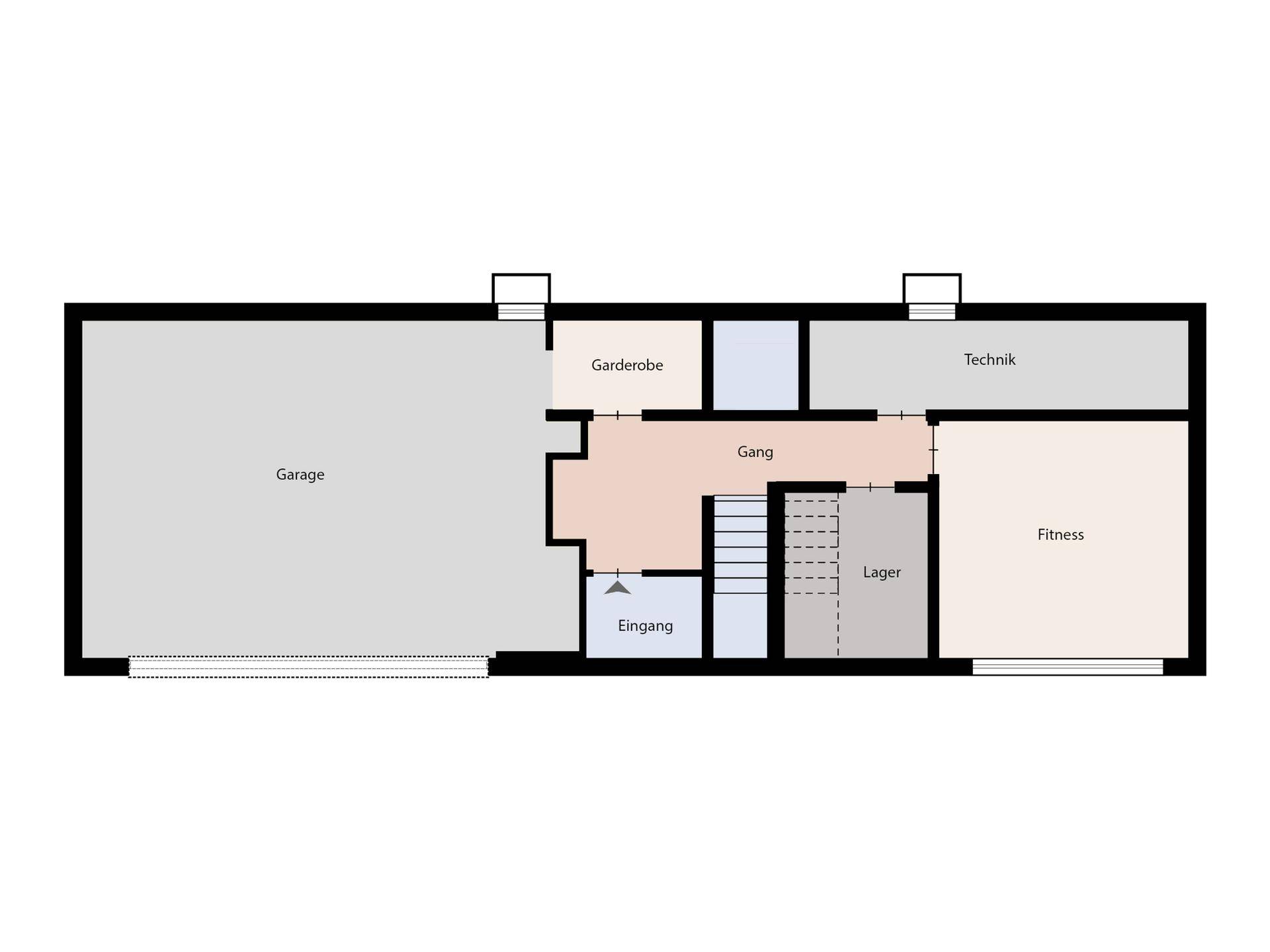 Grundriss des Untergeschosses mit Garage, Eingangsbereich, Garderobe, Technikraum, Lager und Fitnessbereich.