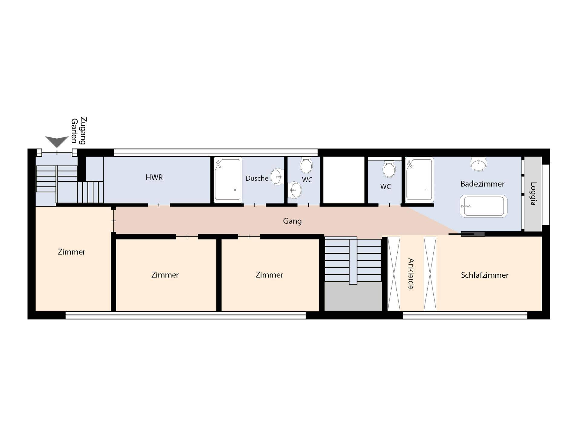 Grundriss des Obergeschosses mit drei Zimmern, Schlafzimmer, Ankleide, Badezimmern, WCs und Loggia.