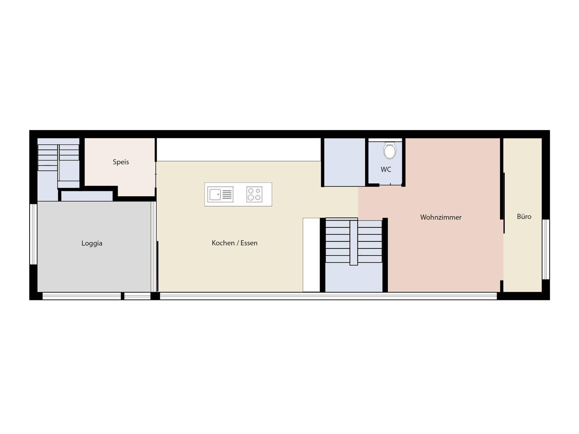 Grundriss des Erdgeschosses mit offener Küche, Essbereich, Wohnzimmer, Büro, WC und Loggia.