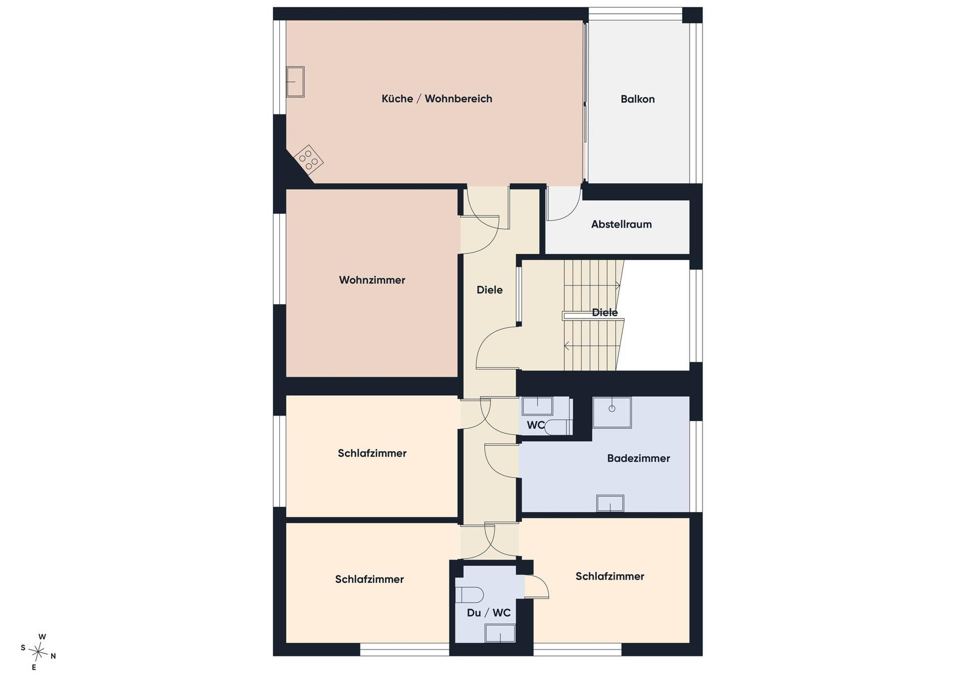 Grundriss einer Wohnetage mit offener Küche/Wohnbereich, drei Schlafzimmern, Bad, WC, Abstellraum und Balkon.
