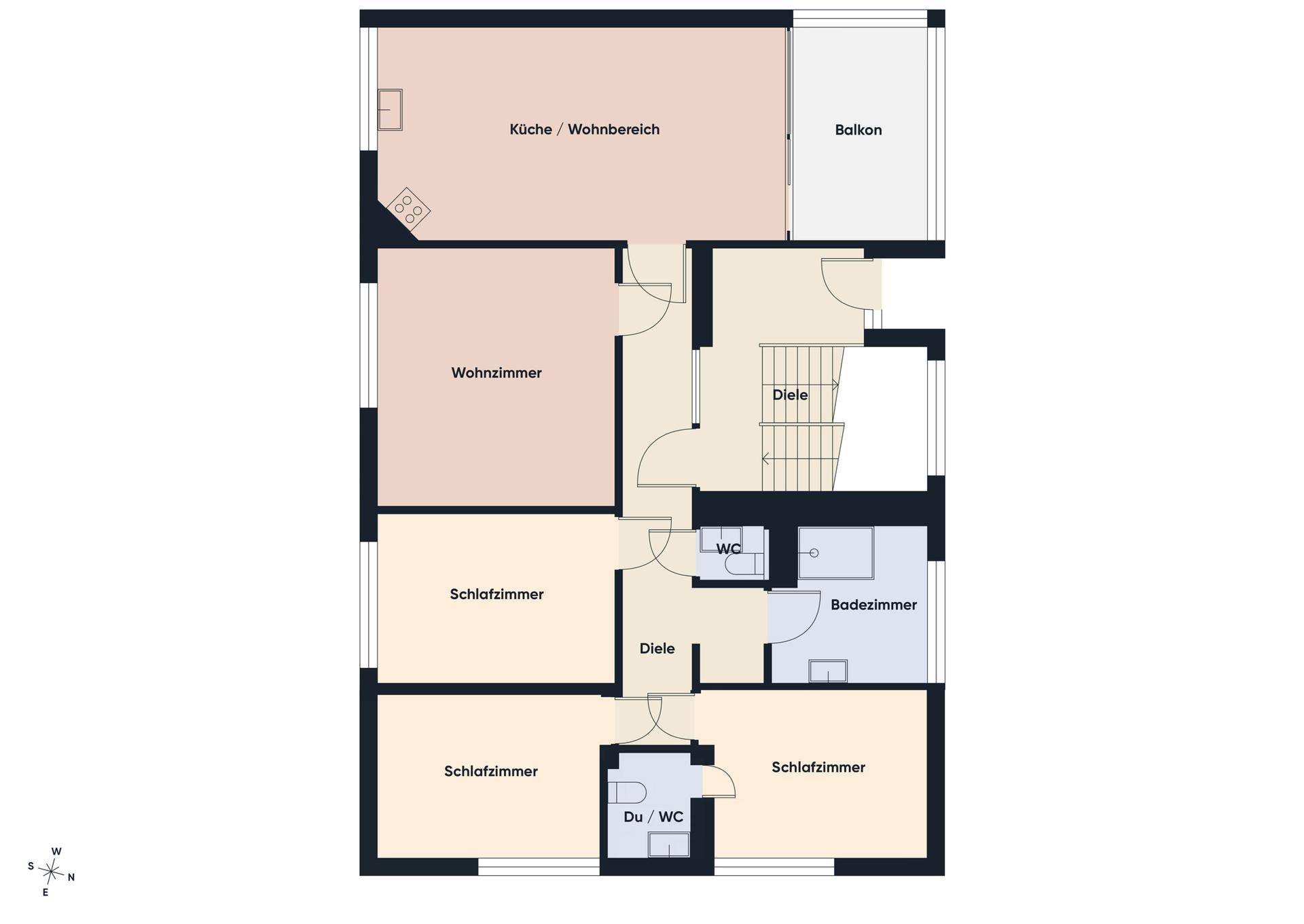 Grundriss einer Wohnetage mit offener Küche/Wohnbereich, drei Schlafzimmern, Bad, WC und Balkon.