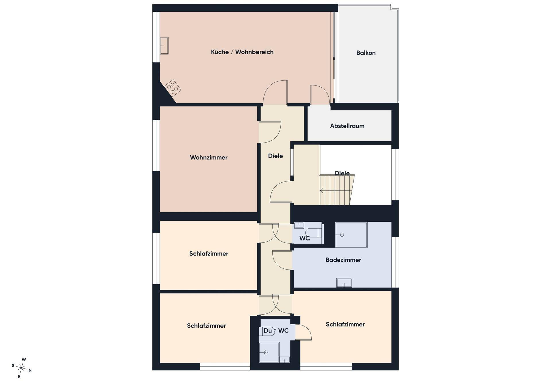 Grundriss einer Wohnetage mit offener Küche/Wohnbereich, drei Schlafzimmern, Bad, WC, Abstellraum und Balkon.