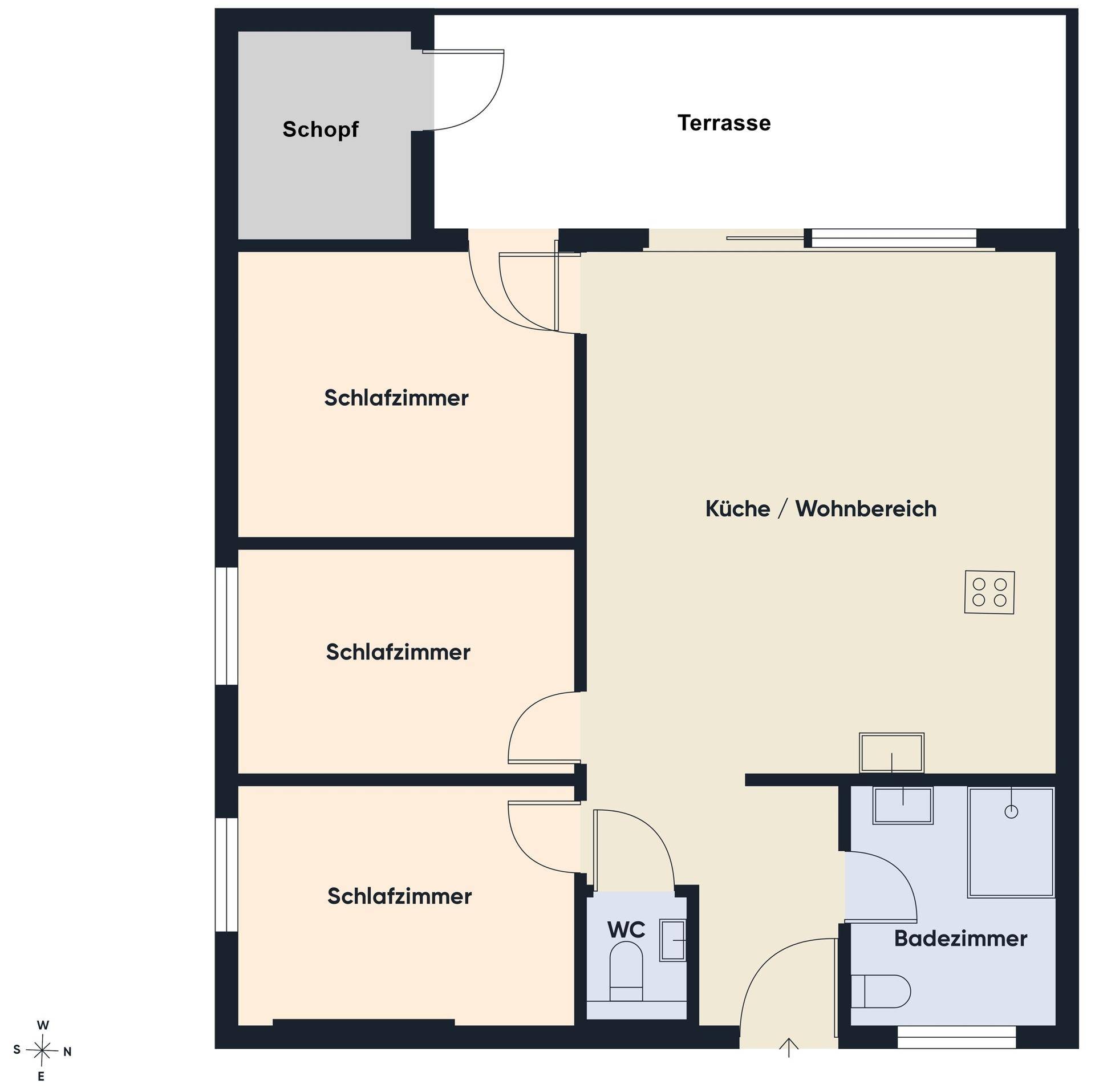 Grundrissplan mit drei Schlafzimmern, offenem Wohnbereich, Bad, WC und Terrasse.