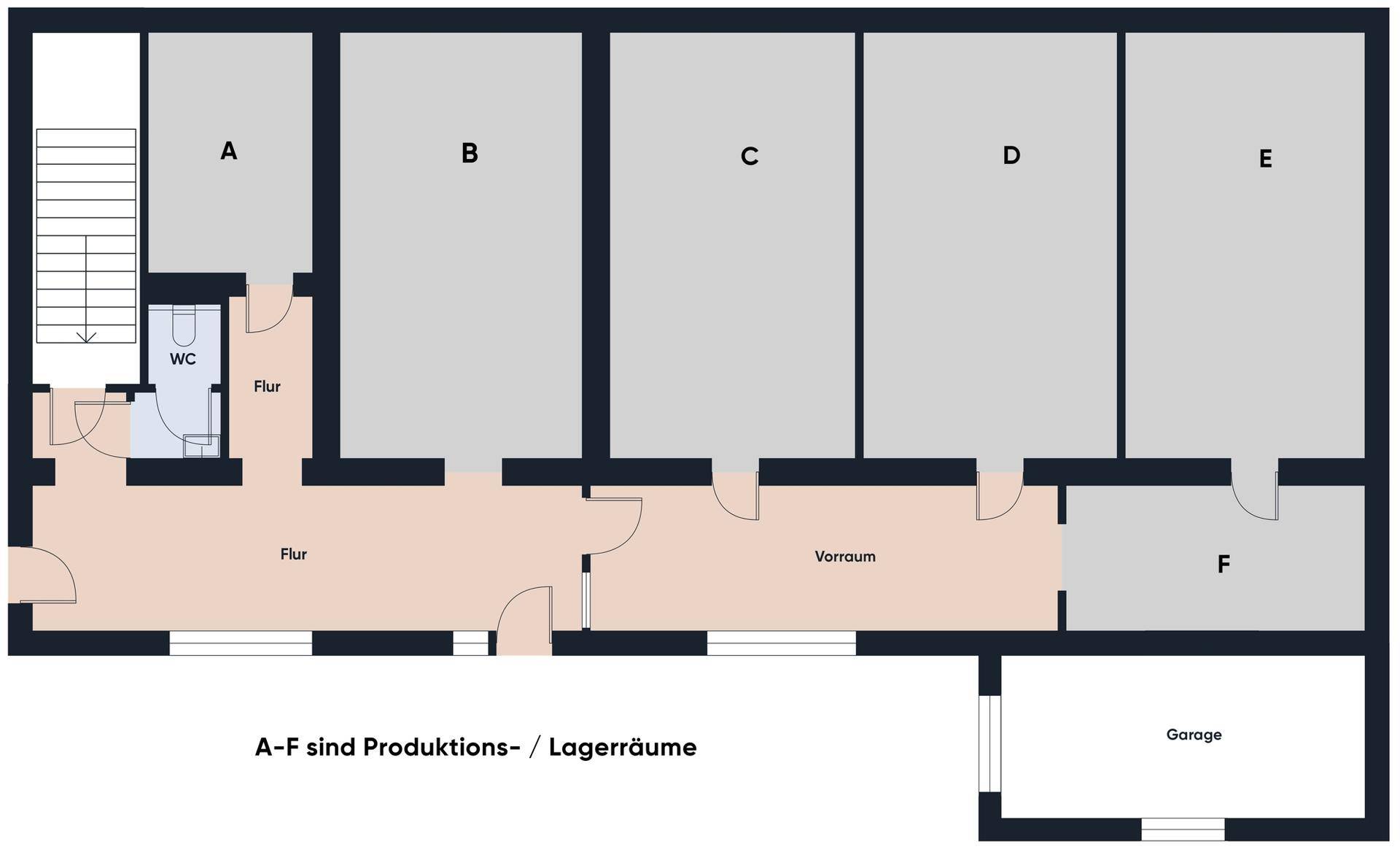 Grundriss des Untergeschosses mit Lager- und Produktionsräumen sowie einer Garage.