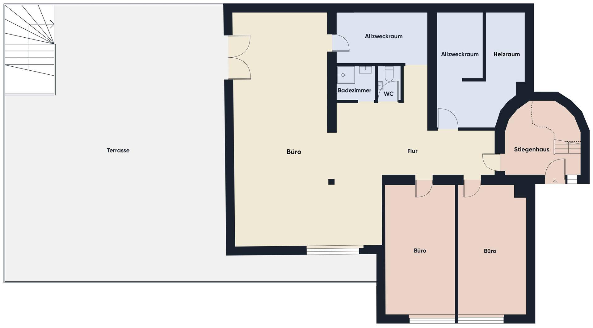 Grundriss des Erdgeschosses mit Büroräumen, Badezimmer, WC und großer Terrasse.