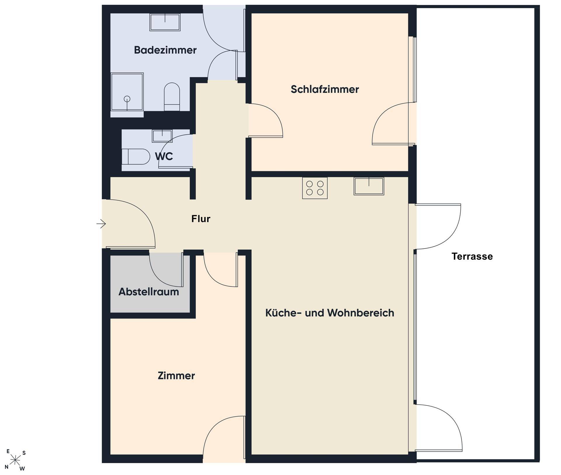 Grundriss einer Wohnung mit Schlafzimmer, Bad, WC, Abstellraum, Flur, Zimmer und offenem Wohnbereich mit Terrasse.
