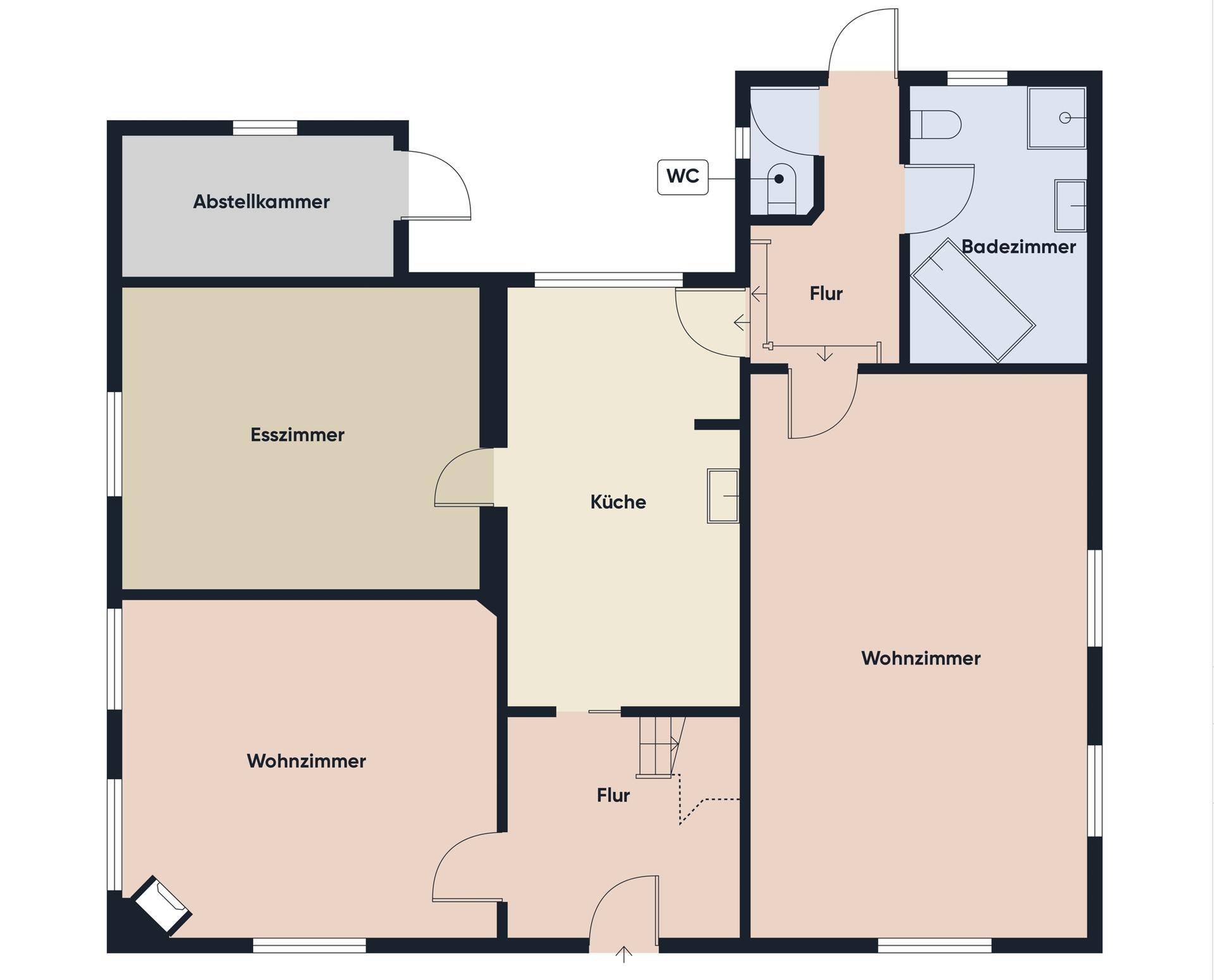Grundriss des Erdgeschosses mit Wohnzimmer, Esszimmer, Küche, Abstellkammer, Bad und separatem WC.