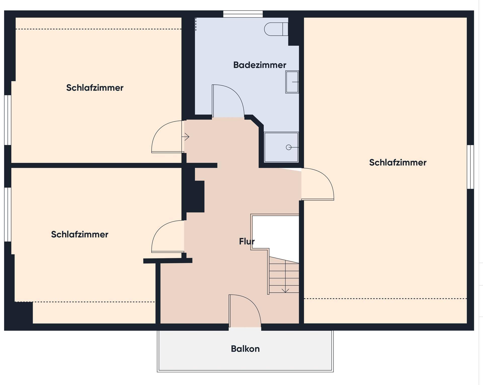 Grundriss des Obergeschosses mit drei Schlafzimmern, einem Badezimmer und Zugang zu einem Balkon.