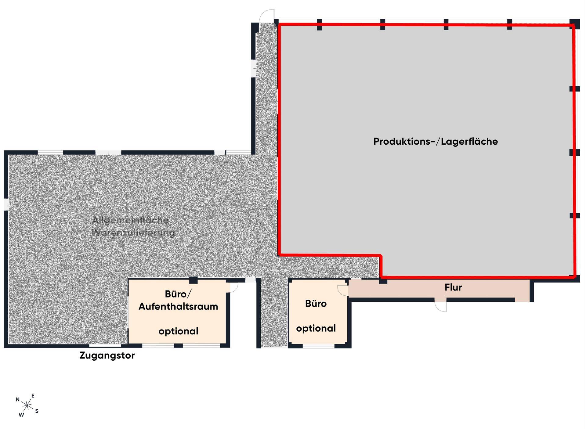 Grundriss zeigt eine große Produktions- und Lagerfläche mit optionalen Büro- und Aufenthaltsräumen.