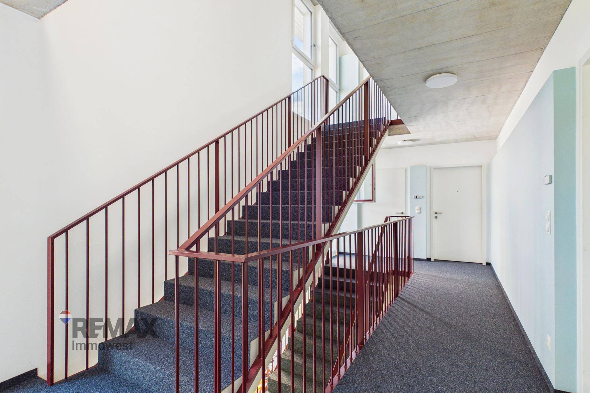 Geräumiges Treppenhaus mit Teppichstufen, Metallgeländer und natürlichem Lichteinfall.