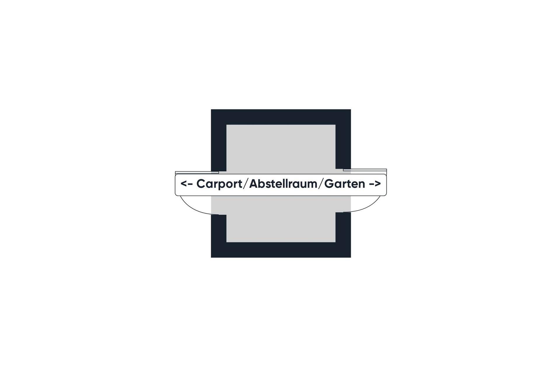 Konzeptioneller Grundriss mit Carport, Abstellraum und Gartenbereich.