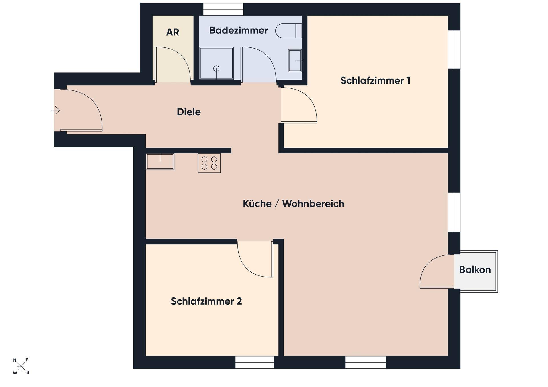 Grundriss einer Wohnung mit zwei Schlafzimmern, Bad und offenem Wohnbereich.