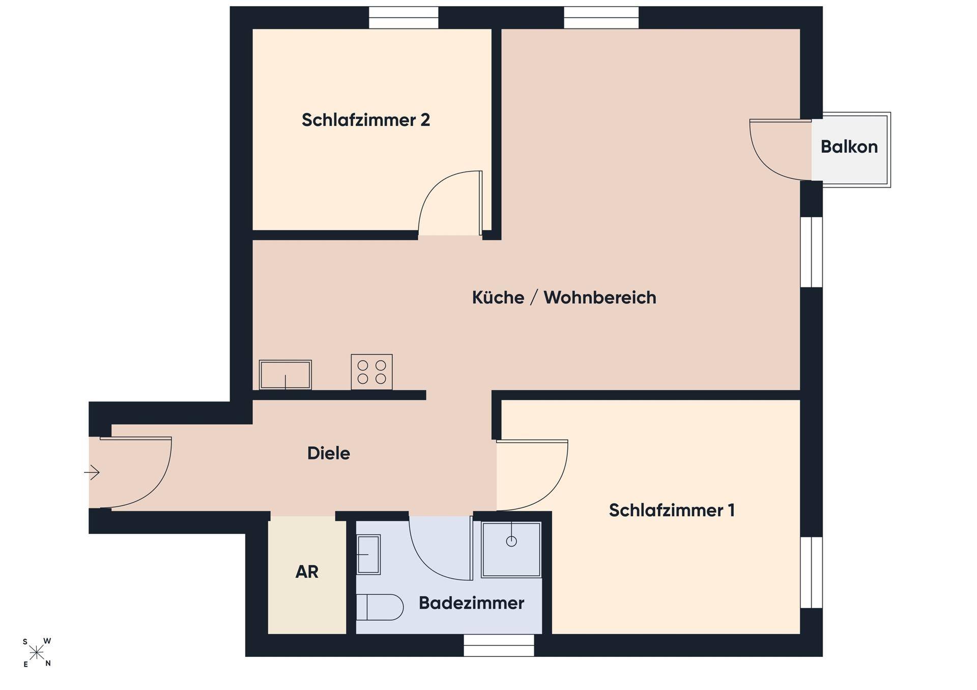Grundriss einer Wohnung mit zwei Schlafzimmern, offenem Wohnbereich, Bad und Balkon.