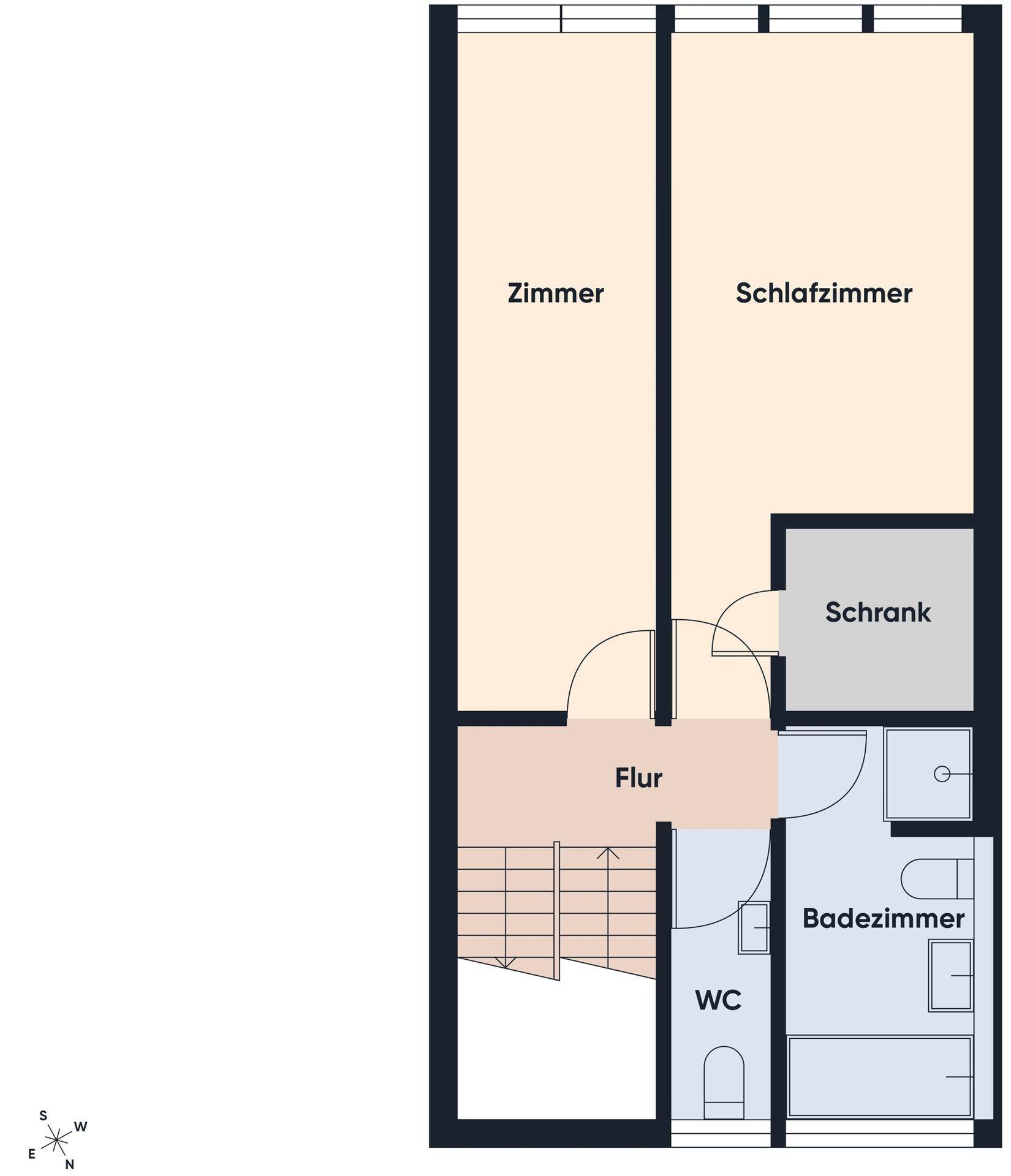 Grundriss des Obergeschosses mit zwei Schlafzimmern, Bad, WC und Flur.