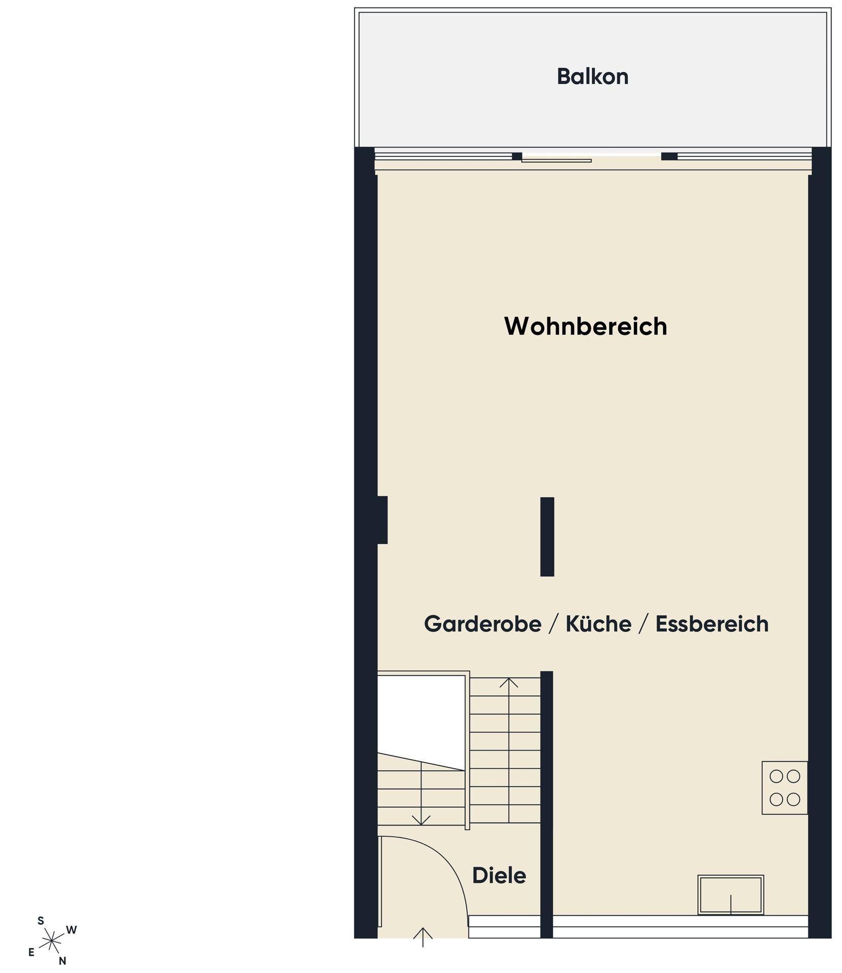 Grundriss des Erdgeschosses mit offenem Wohn-, Küchen- und Essbereich sowie Balkon.