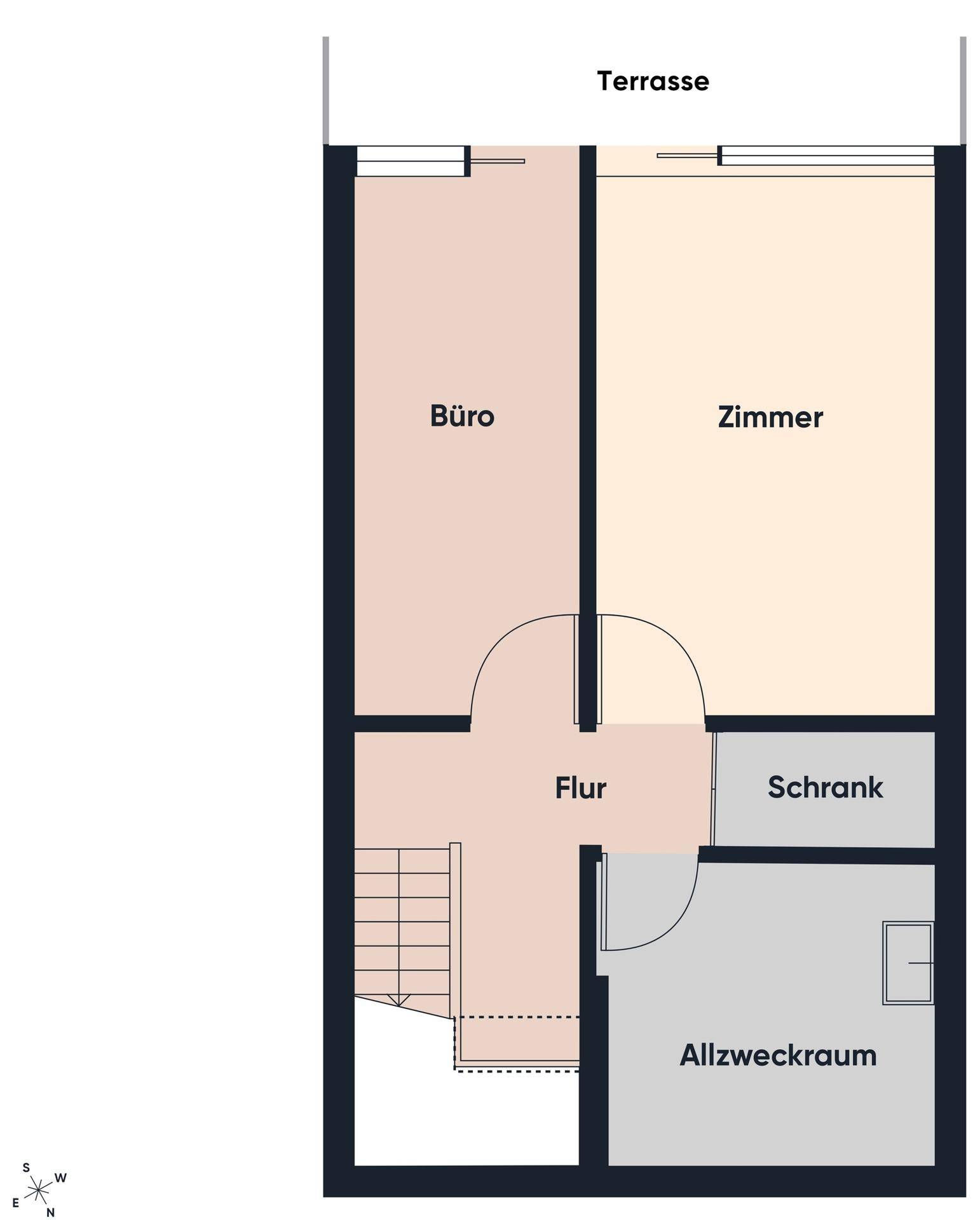 Grundrissplan zeigt eine Terrasse, ein Büro, ein Zimmer, einen Flur und einen Allzweckraum.