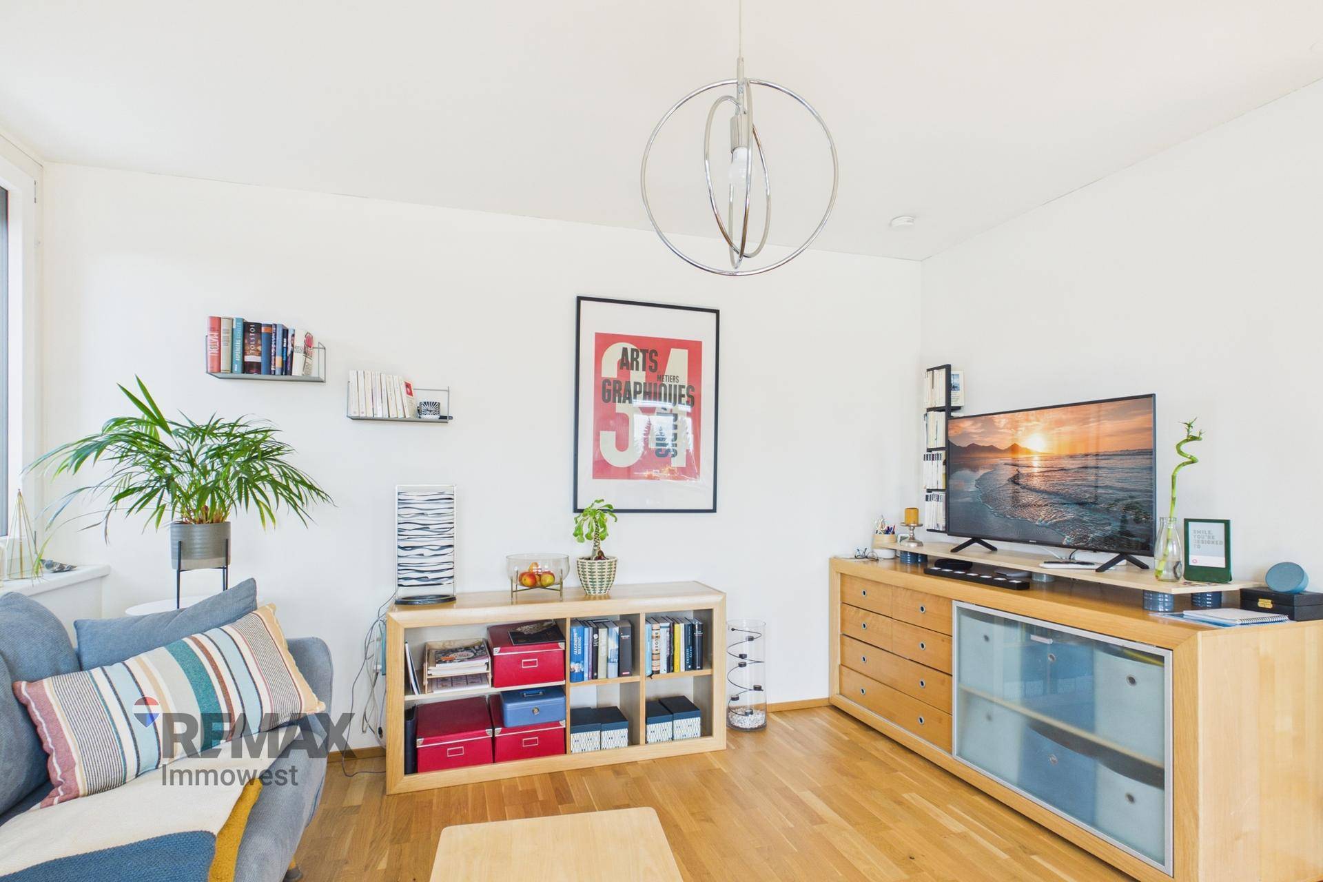 Gemütliches Wohnzimmer mit Holzfußboden, blauem Sofa, Fernseher und Bücherregalen.