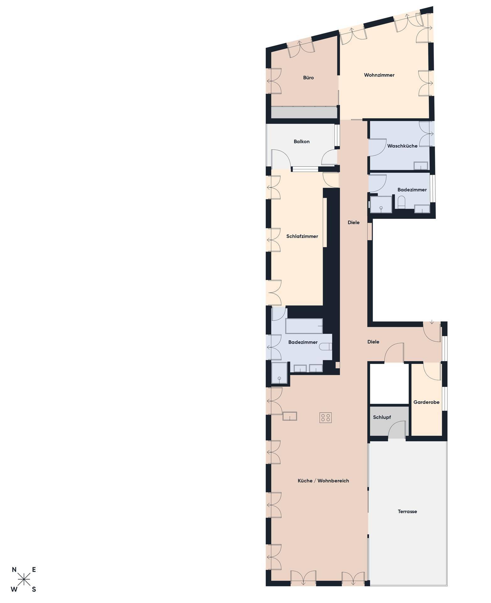 Detaillierter Grundriss einer Wohnung mit mehreren Zimmern, Balkon und Terrasse.