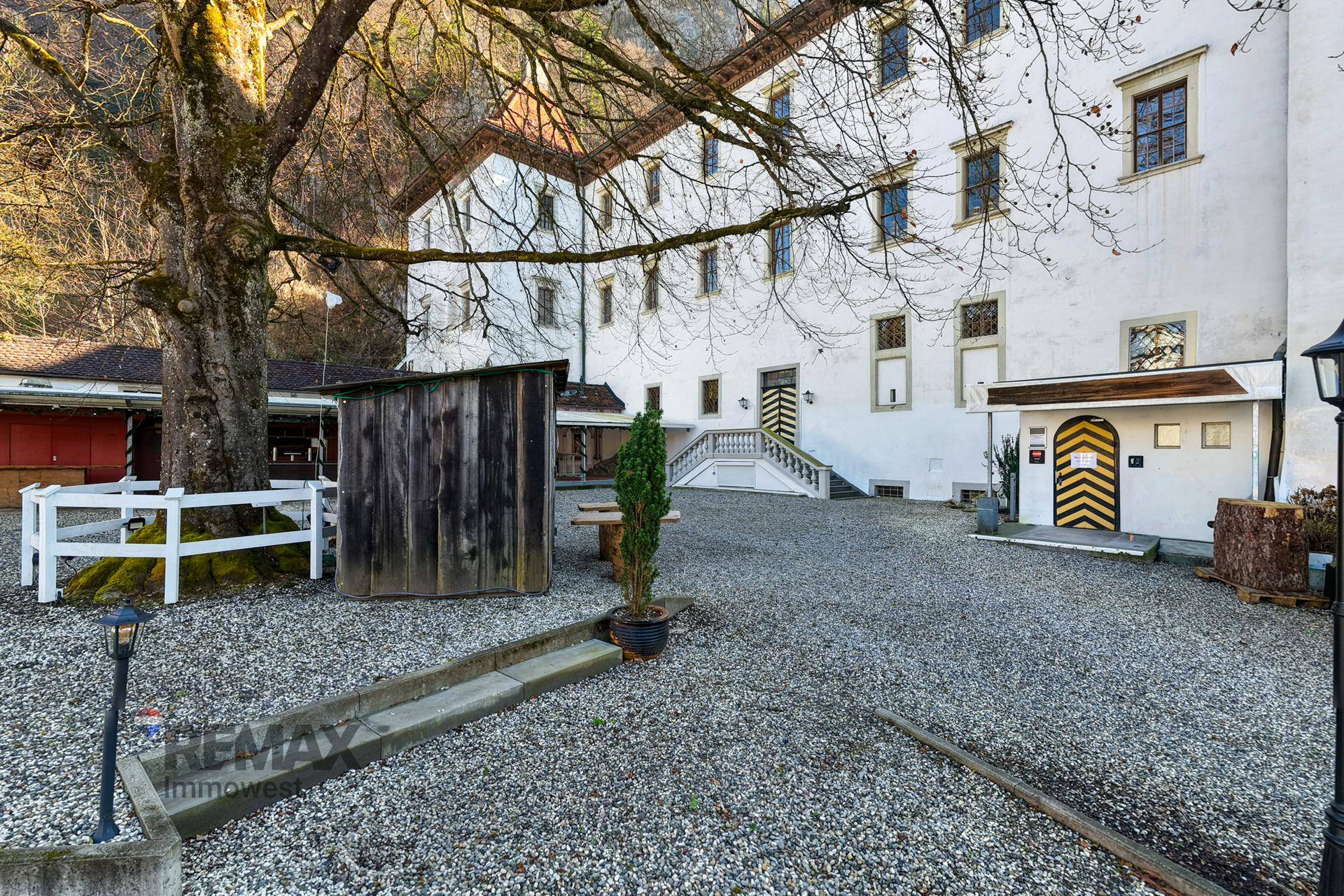 Kiesiger Innenhof mit altem Baum und dem Eingangsbereich eines historischen Gebäudes.
