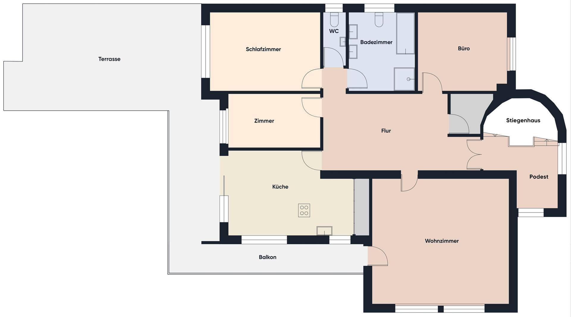 Grundriss des Obergeschosses mit Terrasse, Balkon, Schlafzimmer, Küche, Bad und Wohnzimmer.