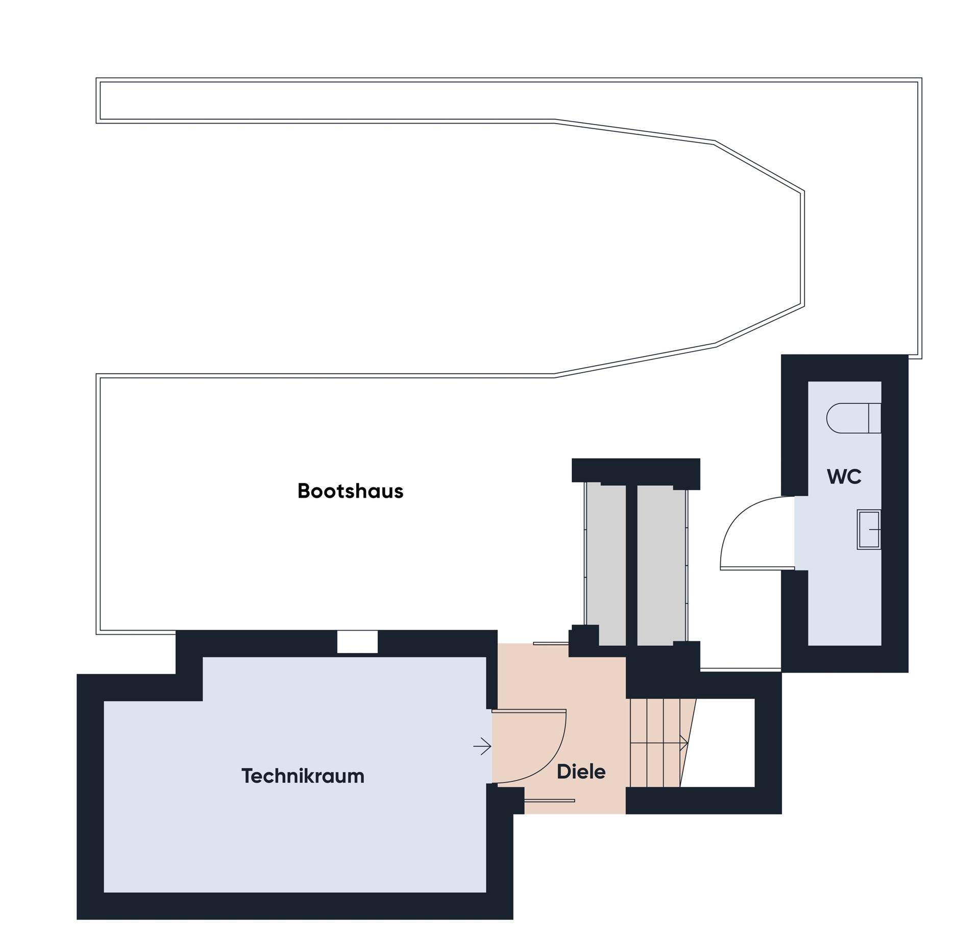 Grundriss des Erdgeschosses mit Bootshaus, Technikraum und separatem WC.